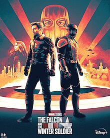 Artwork of Bucky Barnes / Winter Soldier and Sam Wilson / Falcon standing on Captain America's shield, with Zemo and Sharon Carter behind them and the logo for The Falcon and the Winter Soldier below them.