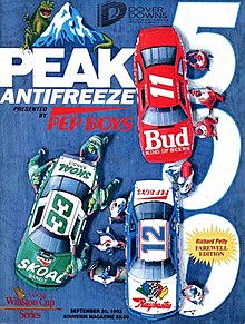 The 1992 Peak Antifreeze 500 program cover, featuring Harry Gant, Jeff Purvis, and Bill Elliott.