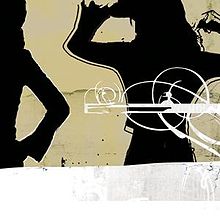 An image of the silhouettes of a young woman. In the first silhouette, only half her body can be seen, with her hand on her right hip. In the second silouette she is lifting her arms, with her left hand on her head. The background of upper part of the image is vegas gold and its decorated with white scribbles. The lower part of the image is white.