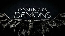 A statue of a man with bat-like wings, with the series title "Da Vinci's Demons" behind it.