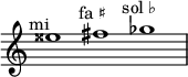 
    \relative c'' {
      \time 3/1
      \override Staff.TimeSignature #'stencil = ##f
      eisis1^\markup { \center-align "mi 𝄪" }
      fis^\markup { \center-align "fa ♯" }
      ges^\markup { \center-align "sol ♭" }
    }
  