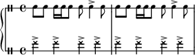 
\new GrandStaff <<
  \new DrumStaff \with { drumStyleTable = #percussion-style \override StaffSymbol #'line-count = #1 \magnifyStaff #5/7 }
  \drummode {
   \set Score.tempoHideNote = ##t
   \time 4/4
   \tempo 4 = 178 sn8 sn sn16 sn sn8 sn sn4-> sn8 sn8 sn sn16 sn sn8 sn sn4-> sn8
  }
  \new DrumStaff \with { drumStyleTable = #percussion-style \override StaffSymbol #'line-count = #1 \magnifyStaff #5/7 }
  \drummode { 
   cymr4-> cymr4-> cymr4-> cymr4-> cymr4-> cymr4-> cymr4-> cymr4-> 
  }
>>
