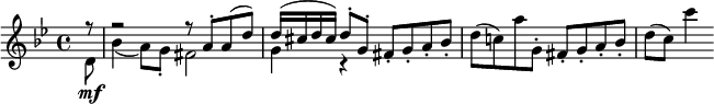  { \tempo 4 = 132 \set Score.tempoHideNote=##t \set Staff.midiInstrument = "violin" { \key g \minor \time 4/4 \partial 8 <<
\new Voice = "first" \relative f'' {
  \voiceOne f8\rest | f2\rest  f8\rest a,-. a( d) | d16( cis d cis) d8-. g,-. fis_. g_. a_. bes_. }
\new Voice = "second" \relative d' {
  \voiceTwo d8 \mf | bes'4( a8) g-. fis2 | g4 c,\rest } >> |
\oneVoice \relative d''{d8( c!) a' g,-. fis-. g-. a-. bes-. | d8( c) c'4 }}} 