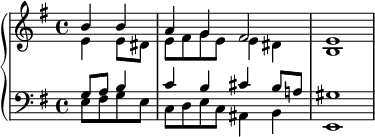 
   \new PianoStaff <<
      \new Staff <<
         \new Voice \relative c'' {
             \stemUp \clef treble \key e \minor \time 4/4
             \partial2 b4 b a g fis2 e1
             }
         \new Voice \relative c' {
             \stemDown
              \partial2 e4 e8 dis e fis g e e4 dis b1
              }
            >>
     \new Staff <<
         \new Voice \relative c' {
             \stemUp \clef bass \key e \minor \time 4/4
             \partial2 g8 a b4 c b cis b8 a! gis1
             }
         \new Voice \relative c {
             \stemDown
             \partial2 e8 fis g e c d e c ais4 b e,1
             }
         >>
    >>
