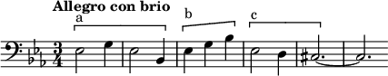 
\new Staff
  \relative c{
  \clef bass
  \key ees \major
  \time 3/4
  \tempo "Allegro con brio" \tempo 2 = 80
  \[^"a" ees2 g4 ees2 bes4 \] \[^"b" ees4 g bes \] \[^"c" ees,2 d4 cis2.~\] cis \bar "" 
}
