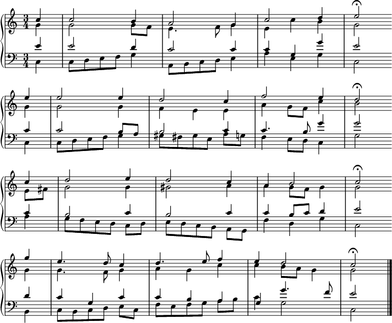 
{ \new PianoStaff <<
    \set Score.tempoHideNote = ##t
  \override Score.BarNumber  #'transparent = ##t
  \new Staff << 
    \new Voice \relative c'' {\set Staff.midiInstrument = #"church organ" \tempo 4 = 104 \voiceOne \clef treble \key c \major \time 3/4 \partial 4
    c4 | c2 b4 | a2 g4 | c2 d4 | e2\fermata \bar"" \break
    e4 | e2 e4 | d2 c4 | f2 e4 | d2\fermata \bar"" \break
    c4 | d2 e4 | d2 c4 | a4 b2 | c2\fermata \bar"" \break
    g'4 | e4. d8 c4 | d4. e8 f4 | e4 d2 | c2\fermata \bar "|."
 } 
    \new Voice \relative c'' { \voiceTwo 
    g4 | g2 g8 f | e4. f8 g4 | e c' b | g2
    g4 | g2 g4 | f e e | a4 g8 f c'4 | b2
    e,8 fis | g2 g4 | gis2 a4 | a g8 f g4 | g2
    g4 | g4. f8 g4 | a g c | c b8 a g4 | g2
 } 
  >>
  \new Staff <<
    \new Voice \relative c' {\set Staff.midiInstrument = #"church organ" \clef bass \key c \major \time 3/4 \voiceOne
    e4 | e2 d4 | c2 c4 | c g g' | e2
    c4 | c2 b8 a | b2 c4 | c4. b8 g'4 | g2
    c,4 | b2 c4 | b2 c4 | c4 b8 c d4 | e2
    d4 | c g c | c b a | g g'4.  f8 | e2
    
 }
    \new Voice \relative c { \voiceTwo 
    c4 | c8 d e f g4 | a,8 b c d e4 | a e g | c,2
    c4 | c8 d e f g4 | gis8[ fis gis e] a g | f4 e8 d c4 | g'2 
    a4 | g8[ f e d] c d | e[ d c b] a g | f'4 d g | c,2
    b4 | c8[ b c d] e c | f[ e f g] a b | c4 g2 | c,2
 } 
   >> >> }
