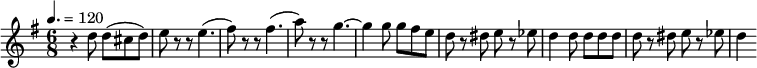 
\relative c'' { 
  \set Staff.midiInstrument = #"piano"
  \tempo 4. = 120
  \key g \major
  \time 6/8
  r4 d8 d( cis d) | e r8 r8 e4.( | fis8) r8 r8 fis4.( | a8) r8 r8 g4. ~ g4 g8 g fis e | d8 r8 dis8 e r8 es8 | d4 d8 d d d | d8 r8 dis8 e r8 es | d4
}
