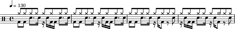 \drums{\tempo4=130<<{\hide\ppp\repeat unfold29{cymr8}cymca8cymr8 8}\\{\repeat unfold2{bd8 8sna8. 16r16 16bd16 16sna8. 16}bd8 8sna8. 16r16 16bd8r8sna8r16 16bd16 16sna8. 16r16 16bd8r8sna8}>>}