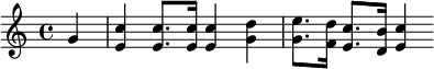 {\skip2. g'4 <e' c''>4 <e' c''>8. <e' c''>16 <e' c''>4 <g' d''>4 <g' e''>8. <f' d''>16 <e' c''>8. <d' b'>16 <e' c''>4}