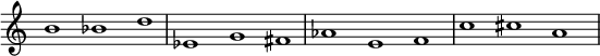 
{
\override Score.TimeSignature
#'stencil = ##f
\override Score.SpacingSpanner.strict-note-spacing = ##t
  \set Score.proportionalNotationDuration = #(ly:make-moment 1/1)
    \relative c'' {
        \time 3/1
        \set Score.tempoHideNote = ##t \tempo 1 = 60
        b1 bes d  
        es, g fis  
        aes e f  
        c' cis a
    }
}
