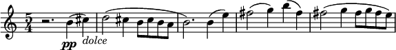 
\relative c' {
\key c \major
\time 5/4
\tempo ""
\tempo 4 = 96
r2. b'4\pp ( cis_\markup{ \italic "dolce" } )
d2 ( cis4 b8 [ cis b a ]
b2. ) b4 ( e )
fis2 ( g4 ) b ( fis )
fis2 ( g4 fis8 [ g fis e ] )
}
