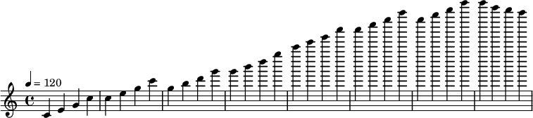 \relative c' {
    \key c \major
    \time 4/4
    \tempo 4=120
    c4 e g c | c4 e g c | g4 b d g | g4 b d g |
    c4 e g c | c4 e g c | g4 b d g | g4 e d c |
}