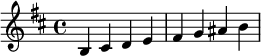  \relative c' { \clef treble\key b \minor b cis d e | fis g ais b } 