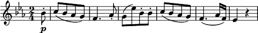  { \tempo 4 = 144 \set Score.tempoHideNote=##t \set Staff.midiInstrument = "violin" \relative bes' { \key es \major \time 2/4
\partial 8 bes8-. \p | c8([ bes as g)] | f4. as8-. | g8([ es') bes-. bes-.] | c8([ bes as g)] | f4.( as16 f) | es4 r }} 