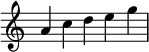 
\relative c'' {
  \time 5/4
  \omit Score.TimeSignature
  a c d e g
}
