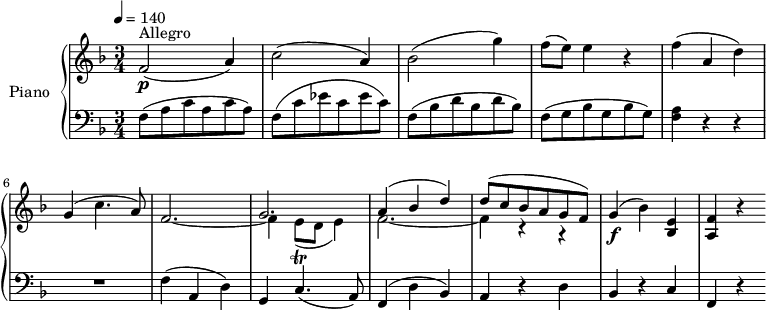 
\header {
  tagline = ##f
}
upper= \relative c' {
  \clef treble
  \key f \major
  \time 3/4
  \tempo 4 = 140
  \set Staff.midiInstrument = #"piano"
    f2\p^\markup { Allegro } (a4)
    c2 (a4)
    bes2 (g'4)
    f8 (e) e4 r4
    f4 (a, d)
    g, (c4. a8)
     << {s2. g2.} \\ { \stemUp f2.~ \stemDown f4 e8\trill (d e4)} >> % attention les liaisons de tenues sont avec ~, celle de phrasé avec ()
    <<{a4^(bes d) d8 (c bes a g f)} \\ { f2.~ f4 r4 r4 } >> % même problème liaison = ~ ; phrasé = ()
    g4\f (bes) <bes, e>
    <a f'> r4
  }
lower=\relative c { \set Staff.midiMaximumVolume = #0.7
    \clef bass
    \key f \major
    \numericTimeSignature
    \time 3/4
    f8 (a c a c a)
    f8 (c' ees c ees c)
    f,8 (bes d bes d bes)
    f8 (g bes g bes g)
    <f a>4 r4 r4
    R2.
    f4 (a, d)
    g, c4. (a8)
    f4 (d' bes)
    a4 r4 d
    bes r4
    c f, r4
  }
\score {
       \new PianoStaff \with { instrumentName = #"Piano" }
       <<
         \new Staff = "upper" \upper
         \new Staff = "lower" \lower
       >>
\layout { }
\midi { } }
