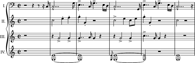 
\relative c {
  \new PianoStaff <<
    \new Staff {
      \set Staff.instrumentName = "I." \set Staff.midiInstrument = #"piano" \key c \major \clef bass \time 2/2 \set Score.tempoHideNote = ##t \tempo 2 = 60
      r2 r4 r8 r16 c16 |
      c2... -^ g'16 |
      e4.. -> c16 g'4. -> e16 d16 |
      c2... -^ g16 |
      e'4.. -> c16 g'4. -> e16 d16 |
      c2... -^ r16 |
    }
    \new Staff {
      \set Staff.instrumentName = "II." \set Staff.midiInstrument = #"piano" \key c \major \clef treble \time 2/2
      r1 |
      c''2 e4 -. f4 -. |
      g4 -. g,4 -. r2 |
      c2 -> e4 c8 e8 |
      g4 -. g,4 -. r2 |
      c2 r2 |
    }
    \new Staff {
      \set Staff.instrumentName = "III." \set Staff.midiInstrument = #"piano" \key c \major \clef treble \time 2/2
      r1 |
      r4 g2 -> g4 -> |
      g4.. -> a16 g4 r4 |
      r4 g2 -> g4 -> |
      c4.. -> g16 g4 r4 |
      R1 |
    }
    \new Staff {
      \set Staff.instrumentName = "IV." \set Staff.midiInstrument = #"piano" \key c \major \clef treble \time 2/2
      r1 |
      <g, e'>1 ~ |
      <g e'>1 |
      \grace { <g e'>8 } <g e'>1 ~ |
      <g e'>2 r2 |
      <g e'>1 |
    }
  >>
}
