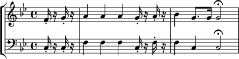 \new StaffGroup <<
   \new Staff { \set Staff.midiInstrument = #"french horn"
   \new Voice
  \relative c'
  { \set Staff.midiInstrument = #"french horn" \key bes \major \clef "treble" \partial 4
    f16-. r g-. r a4 a a g16-. r a-. r bes4 g8. g16 g2 \fermata \bar "|" } }
   \new Staff { \set Staff.midiInstrument = #"french horn"
   \new Voice
   \relative c
  { \set Staff.midiInstrument = #"french horn"  \key bes \major \clef "bass" \partial 4
    c16-. r c-. r f4 f f c16-. r f-. r f4 c4 c2 \fermata \bar "|" } } >>