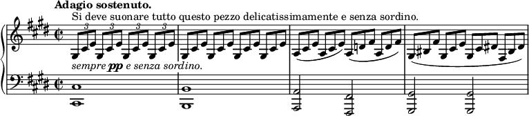 
 \relative c' {
  \new PianoStaff <<
   \new Staff { \key cis \minor \time 2/2 \tempo "Adagio sostenuto."
    \override Score.NonMusicalPaperColumn #'line-break-permission = ##f
    \times 2/3 { gis8^\markup { Si deve suonare tutto questo pezzo delicatissimamente e senza sordino. }
    [ cis e] } \times 2/3 { gis, cis e } \times 2/3 { gis,[ cis e] } \times 2/3 { gis, cis e }
    gis,8*2/3[ cis e] gis, cis e gis,[ cis e] gis, cis e
    a,([ cis e] a, cis e) a,([ d fis] a, d fis)
    gis,([ bis fis'] gis, cis e gis,[ cis dis!] fis, bis dis)
   }
   \new Dynamics {
    \override TextScript #'whiteout = ##t
    s8_\markup \italic { sempre \dynamic pp e senza sordino. }
   }
   \new Staff { \key cis \minor \time 2/2 \clef bass
    <cis, cis,>1 <b b,> <a a,>2 <fis fis,>2 <gis gis,> <gis gis,>
   }
  >>
 }
