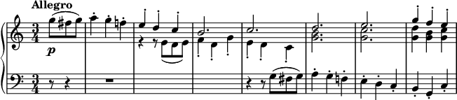 
\new PianoStaff <<
  \new Staff <<
    \new Voice \relative c''' {
      \tempo "Allegro"
      \time 3/4
      \partial 4. g8( fis g) |
      a4-. g-. f!-. |
      \voiceOne e-. d-. c-. |
      b2. |
      c2. |
      d2. |
      e2. |
      g4-. f-. e-. |
    }
    \new Voice \relative c' {
      \voiceTwo
      s4. |
      s2. |
      r4 r8 e( d e) |
      f4-. d-. g-. |
      e4-. d-. c-. |
      <g' b>2. |
      <g c>2. |
      <g d'>4 <g b> <g c> |
    }
  >>
  \new Dynamics { s4.\p }
  \new Staff \relative c' {
    \clef bass
    r8 r4 |
    R1*3/4 |
    s2.*2 |
    r4 r8 g8( fis g) |
    a4-. g-. f!-. |
    e-. d-. c-. |
    b-. g-. c-. |
  }
>>
