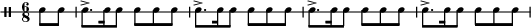 
\header { tagline = ##f }
\score { \new DrumStaff \with { drumStyleTable = #percussion-style \override StaffSymbol #'line-count = #1 \magnifyStaff #5/7 }
  \drummode { 
    \time 6/8
    \tempo 4. = 152 \partial 4 sn8 sn sn8.-> sn16 sn8 sn sn sn sn8.-> sn16 sn8 sn sn sn
     sn8.-> sn16 sn8 sn sn sn sn8.-> sn16 sn8 sn sn sn
  } 
\layout { 
  \context { \Score \remove "Metronome_mark_engraver" } 
} 
\midi {} 
}