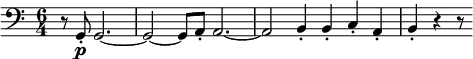 
\relative c' {
\key c \major \clef bass
\time 6/4
\tempo ""
\tempo 4 = 360
\partial 1 r8 g,-.\p g2.~
g2~ g8 a-. a2.~
a2 b4-. b-. c-. a-.
b-. r r8
}
