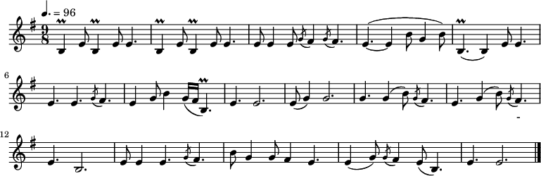 
\relative e' { \key e \minor \time 9/8  \tempo 4. = 96 \set Staff.midiInstrument = #"violin"
b4\prall e8 b4\prall e8 e4.| b4\prall e8 b4\prall e8 e4.| e8 e4 e8 \acciaccatura g8 fis4 \acciaccatura g8 fis4.| e4. ~ ( e4 b'8 g4 b8)|
b,4.\prall( b4) e8 e4.| e4. e4. \acciaccatura g8 fis4.| e4 g8 b4 g16( fis b,4.\prall)| e4. e2.|
e8( g4) g2.| g4. g4( b8) \acciaccatura g8 fis4.| e4. g4( b8) \acciaccatura g8 fis4.| e4. b2.|
e8 e4 e4. \acciaccatura g8 fis4.| b8 g4 g8 fis4  e4.| e4( g8) \acciaccatura g8 fis4 e8( b4.)| e4. e2. \bar "|."}
\addlyrics {
아 리 아 리 랑 쓰 리 쓰 리 랑 아 라 리 가 났 네
아 리 랑 응 응 응 아 라 리 가 났 네
문 경 새 재 는 웬 고 - 갠 가
구 부 야 아 구 부 구 부 가 눈 물 이 난 다}
