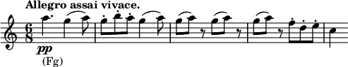 
\relative c' \new Staff {
 \key c \major \time 6/8 \tempo "Allegro assai vivace."
  a''4.\pp _\markup (Fg) g4( a8) g-. b-. a-. g4( a8) g(a) r g( a) r g( a) r f-. d-. e-. c4
}
