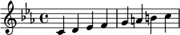  \relative c' { \clef treble\key c \minor c d es f | g a b c } 