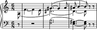 
\new PianoStaff {
    \time 6/8
    <<
    \context Staff = "up" {
      \clef treble
        \set Staff.midiInstrument = #"acoustic grand"
        #(set-accidental-style 'modern)
        \partial 8
        \relative c''{
          <<  { s8
          s2.
          \override Slur #'attachment = #'(stem . stem)
          gis4.~( gis4 a8 ais b4~ b8) }
          \\
          { a,8(
          f'4.~ f4 e8
          dis2.)( d4.)~ d8 } >>
            r8 r
        }
    }
    \context Staff = "down" {
      \clef bass
        \set Staff.midiInstrument = #"acoustic grand"
        \partial 8
        \relative c{
          r8
          R2.
          <f b>2.(
          <e gis>4.)~ <e gis>8 r r
        }
    }
    >>
  }
