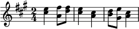 {\key a \major \time 2/4 <cis'' e''>4 <a' fis''>8 <d'' fis''> <cis'' e''>4 <a' cis''>4 <b' d''>8 <gis' e''> <a' cis''>4}