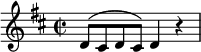 { \key d \major \time 2/2 \set Score.tempoHideNote = ##t \tempo 2 = 132 \relative c' { \slurUp d8( cis d cis) d4 r } } 