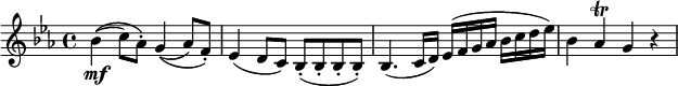  { \tempo 4 = 132 \set Score.tempoHideNote=##t \set Staff.midiInstrument = "violin" \relative bes' { \key es \major \time 4/4
bes4(\( \mf c8) as-.\) g4(\( as8) f-.\) | es4( d8 c) bes-.( bes-. bes-. bes-.) |
bes4.( c16 d) es( f g as bes c d es) | bes4 as \trill g r | }} 