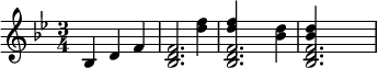 {\key bes \major \time 3/4 bes d' f' <<{<bes d' f'>2.} {\skip2 <d'' f''>4}>> <<{<bes d' f'>2.} {<d'' f''>4 \skip4 <bes' d''>4}>> <<{<bes d' f'>2.} {<bes' d''>4 \skip2}>> }