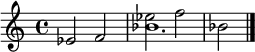 \relative c' { \set Staff.midiInstrument = #"Glockenspiel" es2 f << \voiceOne { es'2 f bes, } \voiceTwo { bes1. } >> \bar "|." }