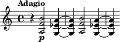 
\relative c' {
\key c \major
\time 4/4
\tempo "Adagio"
\tempo 4 = 58
r4 < a f' b >2\p < g ees' a >4~
< g ees' a > < a f' b >2 < g ees' a >4~
< g ees' a >
}
