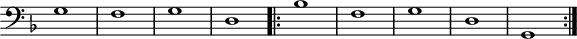 
\version "2.14.2"
\header {
tagline = ##f
}

\score {
\new Staff \with {
\remove "Time_signature_engraver"

}
<<
\relative c' {
\key f \major
\clef bass
\time 2/2
\tempo 2 = 80
\override TupletBracket #'bracket-visibility = ##f
\autoBeamOff
\set Staff.midiInstrument = #"harpsichord"

%%%%%%%%%%%%%%%%%%%%%%%%%% Passamezzo antico

g1 f g d
\repeat volta 2 {
bes'1 f g d g,
}

}
>>
\layout {
\context { \Score \remove "Metronome_mark_engraver" }
\context {
\remove "Metronome_mark_engraver"
}
}
\midi {}
}
