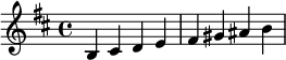  \relative c' { \clef treble\key b \minor b cis d e | fis gis ais b } 