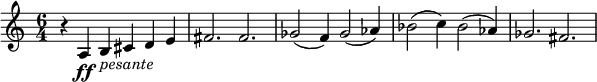 
\relative c' {
\key c \major
\time 6/4
\tempo ""
\tempo 4 = 360
r a\ff b_\markup{ \italic "pesante" } cis d e
fis2. fis
ges2 ( f4 ) ges2 ( aes4 )
bes2 ( c4 ) bes2 ( aes4 )
ges2. fis
}
