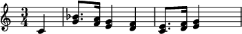 {\time 3/4 \skip2 c' <g' bes'>8. <f' a'>16 <e' g'>4 <d' f'> <c' e'>8. <d' f'>16 <e' g'>4 \skip4}