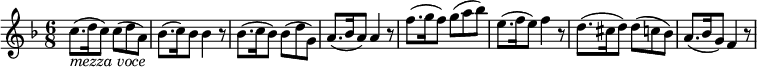  { \tempo 8 = 112  \set Score.tempoHideNote=##t  \set Staff.midiInstrument = "violin" \relative c'' { \key f \major \time 6/8
c8.( _\markup { \italic "mezza voce" } d16 c8) c8( d a) | bes8.( c16) bes8) bes4 r8 |
bes8.( c16 bes8) bes8( d g,) | a8.( bes16 a8) a4 r8 |
f'8.( g16 f8) g( a bes) | e,8.( f16 e8) f4 r8 | d8.( cis16 d8) d( c bes) | a8.( bes16 g8) f4 r8 }}
\layout { \context { \Score \override SpacingSpanner.common-shortest-duration = #(ly:make-moment 2/8) }} 