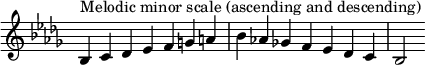  {
\omit Score.TimeSignature \relative c' {
  \key bes \minor \time 7/4 bes^"Melodic minor scale (ascending and descending)" c des es f g a bes aes! ges! f es des c bes2
} }
