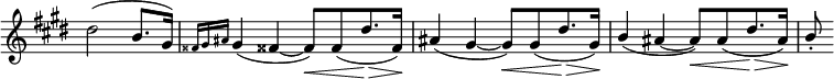 
 \relative c' \new Staff \with { \remove "Time_signature_engraver" } { \key cis \minor \time 4/4 \partial 2.
  dis'2( b8. gis16) \grace { fisis16[ gis ais] } gis4( fisis!~ fisis8)[\< fisis( dis'8.\> fisis,16)]\!
  ais4( gis~ gis8)[\< gis( dis'8.\> gis,16)]\! \stemUp b4( ais~ ais8)[\< ais( dis8.\> ais16)]\! b8-.
 }
