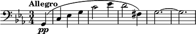 \relative c{ \clef bass \key c \minor \time 3/4 \tempo "Allegro" \partial 4 g(\pp | c ees g | c2 ees4 | d2 fis,4) | g2.~ | g2.}