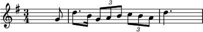 {\key g \major \time 3/4 \skip4 \skip4. g'8 d''8. b'16 \times 2/3 {g'8 a' b'} \times 2/3 {c'' b' a'} d''4. \skip4.}