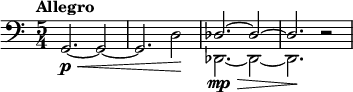 
\relative c' {
\key c \major \clef bass
\time 5/4
\tempo "Allegro"
\tempo 4 = 156
g,2.\p\< ~ g2 ~
g2. d'2\!
<<
  \mp\relative { \override Hairpin.to-barline = ##f des2.\> ~ des2 ~ des2.\! }
  \\
  \relative { des,2. ~ des2 ~ des2. }
>>
r2
}
