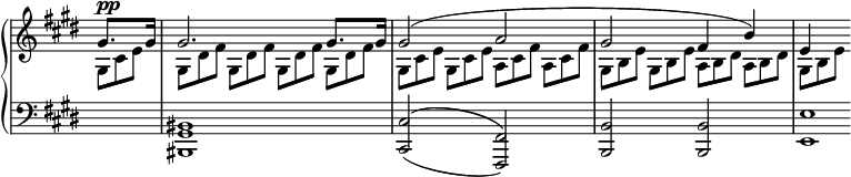 
 \relative c' {
  \new PianoStaff <<
   \new Staff \with { \remove "Time_signature_engraver" } { \key cis \minor \time 2/2 \partial 4
    <<
     { gis'8. gis16 gis2. gis8. gis16 gis2( a gis fis4 b) e, }
    \\
     {
      gis,8*2/3[^\markup \dynamic pp cis e] gis,[ dis' fis] gis, dis' fis gis,[ dis' fis] gis, dis' fis
      gis,[ cis e] gis, cis e a,[ cis fis] a, cis fis gis,[ b e] gis, b e a,[ b dis] a b dis gis,[ b e]
     }
    >>
   }
   \new Staff \with { \remove "Time_signature_engraver" } { \key cis \minor \time 2/2 \clef bass
    s4 <bis, gis bis,>1 <cis cis,>2( ^\( <fis, fis,>) \) <b b,> <b b,> <e e,>1*1/4
   }
  >>
 }
