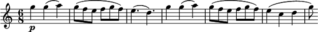 
\relative c' {
\key c \major
\time 6/8
\tempo ""
\tempo 4 = 220
g''4\p g ( a )
g8 ( f e f g f )
e4. ( d )
g4 g ( a )
g8 ( f e f g f )
e4 ( c d
g8 )
}
