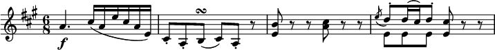  { \tempo 4 = 120 \set Score.tempoHideNote=##t \set Staff.midiInstrument = "violin" \relative a' { \key a \major \time 6/8
a4. \f cis16( a e' cis a e) | cis8-. a-. b( \turn cis) a-. r | <b' e,> 8 r r <cis a> r r |
<< \new Voice = "first" { \stemUp \slurDown \acciaccatura e8 \stemUp \slurUp d8^. d16( cis) d8^. }
   \new Voice = "second" { \stemDown e,8 e e } >> <cis' e,>8 r r }} 