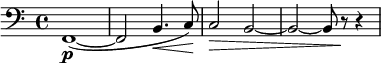 
\relative c' {
\key c \major \clef bass
\time 4/4
\tempo ""
\tempo 4 = 58
f,,1\p~
( f2 b4.\< c8\! )
c2\> b~
b~ b8 r\! r4
}
